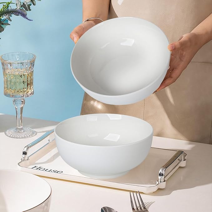 40 oz Large Soup, Ramen, Pho, Noodle, and Salad Bowl Set of 4, 7 in White Ceramic Bowls, Versatile & Microwave Safe
