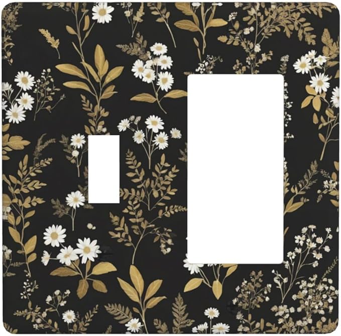 Light Switch Cover Black/Gold Boho Botanical Floral Rustic Flowers 2 Gang Toggle Rocker Combo Socket Cover Wall Plates Decorative Switch Plates and Outlet Covers for Bathroom Kitchen Decor