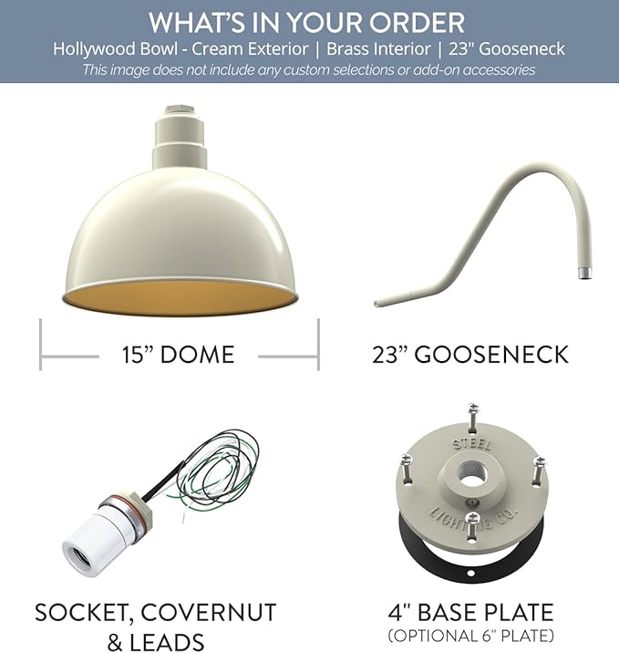Steel Lighting Co. Hollywood Bowl Light | Outdoor Wall Mounted | 15 inch Bowl Dome | 23" Gooseneck | Barn Light Made in America | Modern Gray Exterior/Brass Interior