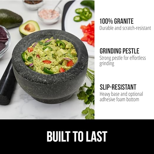 GORILLA GRIP Heavy Duty Mortar and Pestle Set with Slip Resistant Base, 2 Cup, 100% Granite Stone Molcajete Guacamole Bowl, Grind Seeds, Spices, Crush Garlic, Kitchen Muddler for Fresh Herbs, Black