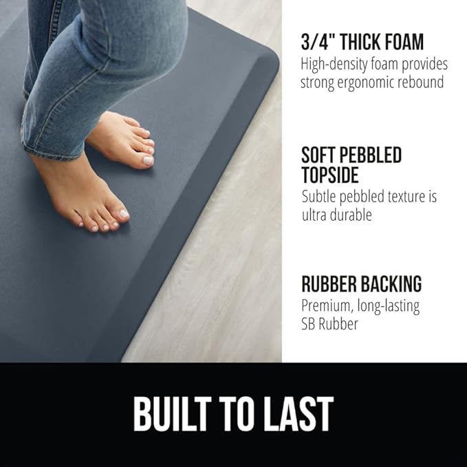 GORILLA GRIP Comfortable Cushioned Kitchen Mats for Floor, 48x20, Waterproof and Stain Resistant Soft Top, 3/4 Inch Thick Ergonomic Standing Desk Anti Fatigue Mat, Foam Supports Ankles, Feet, Charcoal