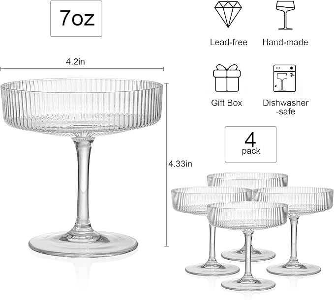 Coupe Glasses | Set of 4 | 7oz Premium Crystal Cocktail Glassware for Champagne, Martini, Cosmopolitan & More | Elegant Stemmed Glasses in Gift Box