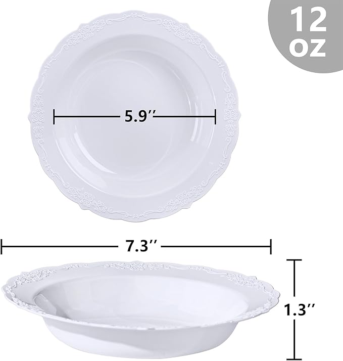 DaYammi 100 Pack White Plastic Bowls, 12oz Disposable Soup Bowls, Heavy Duty Dinner Bowl for Weddings, White Disposable Bowls for Parties, Dinners, Catering and Everyday Use