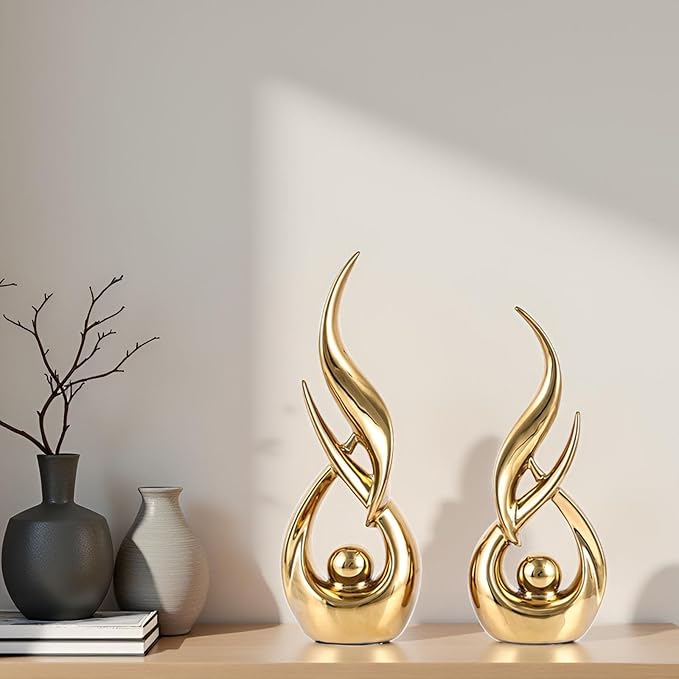 XMGZQ Gold Ceramic Abstract 2 Piece Statue Set,Mid Century Modern Abstract Art Home Decor Statue Mantelpiece on Unique Shelf Decor, TV Cabinet Divider Table top and Dining Table Centerpiece (Gold)