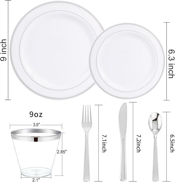 WELLIFE 600 Pcs Sliver Disposable Dinnerware for 100 Guests, Dinnerware Set of 100 Dinner Plates, 100 Salad Plates, 100 Spoons, 100 Forks, 100 Knives, 100 Cups