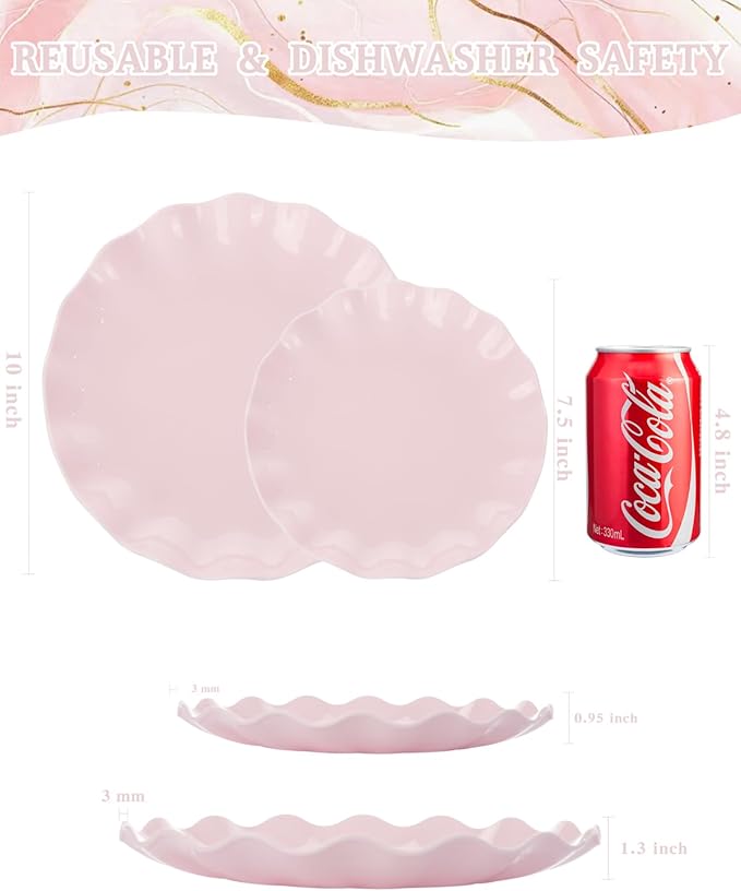 LIYH 24 Pcs Pink Plates Reusable, Pink Plastic Scalloped Plate Durable and Dishwasher Safe,Baby Shower Plate, Light Weight Daisy Plastic Wavy Plates for Wedding Party Birthday