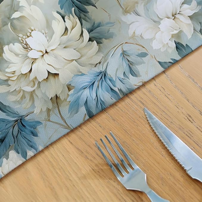 12"x18" Vintage White/Blue/Green Peony Florals Placemats Set of 4 Washable Thick Place Mats Kitchen Table Mats Decorative Linen Fabric Table Mat for Dining Table Kitchen Home Decor