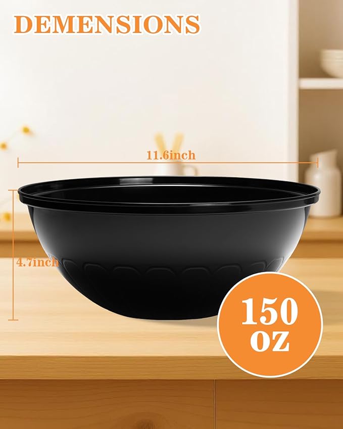 BESTVIP 150oz 4 Pack Black Plastic Serving Bowls for Party, Disposable 11.6" Large Salads Container for Snacks, Chips, Meal Prep, Stackable Candy Dishes for Christmas, Holiday, Reusable