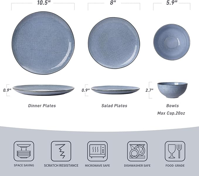 Famiware Moonlight Plates and Bowls Sets, 24 Pieces Stoneware Dinnerware Sets with Linen Finish, Handmade Dishware Set for 8, Microwave and Dishwasher Safe, Chip and Scratch Resistant, Blue