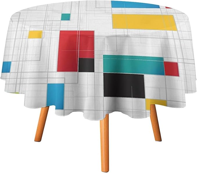 Mid Century Round Tablecloth, Abstract Geometric Mid Century Retro 50S 60S Tablecloth for Home Party Dining Room Kitchen Decor 70Inch(178cm)