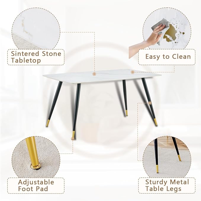 Table and Chairs Set of 4, Dining Room Table Set for 4, Sintered Stone Kitchen Table Top and Modern Chairs Set of 4 for Kitchen Dining Room