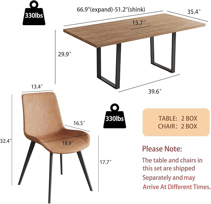 ZckyCine 67" Expandable Walnut Dining Table and 6 Upholstered Chairs, 7-Piece Dining Room Furniture Set, Mid-Century Modern Style for Home, Dining Room and Kitchen