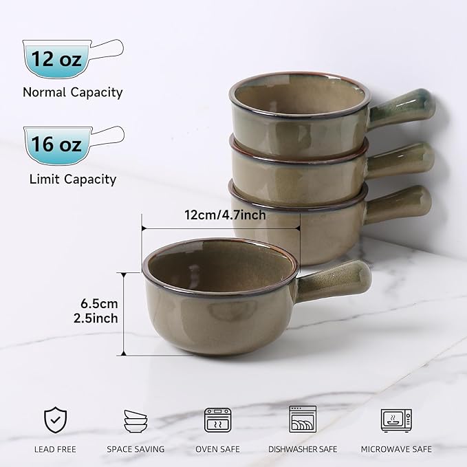 MONITO 16 Oz French Onion Soup Bowls, Ceramic Soup Bowls with Handles, Stackable Soup Crocks Oven Safe for Chili, Beef Stew, Cereal,Casseroles Microwave & Dishwasher Safe, Set of 4, Olive Green