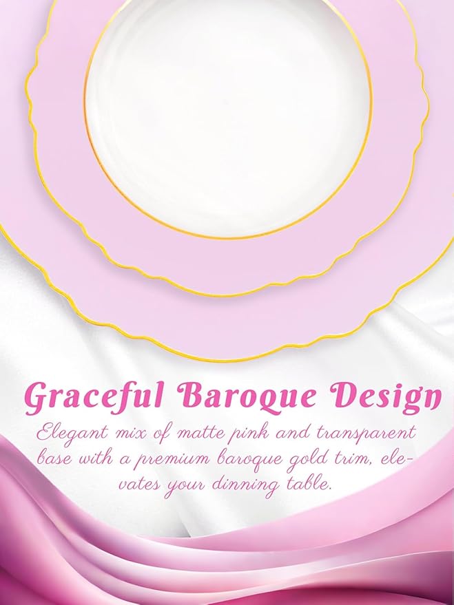 WDF 60Pcs Pink Plates Disposable with Gold Rim - Baroque Clear Pink and Gold Plastic Party Plates Ideal for Wedding, Valentine's Day