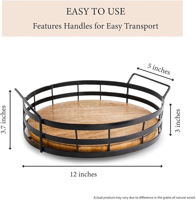 Lazy Susan Turntable Organizer with Handle, Cabinet Pantry Kitchen Countertop - Spinning Spice Rack - Large Round Serving Tray - Made Wood and Sturdy Iron Bars