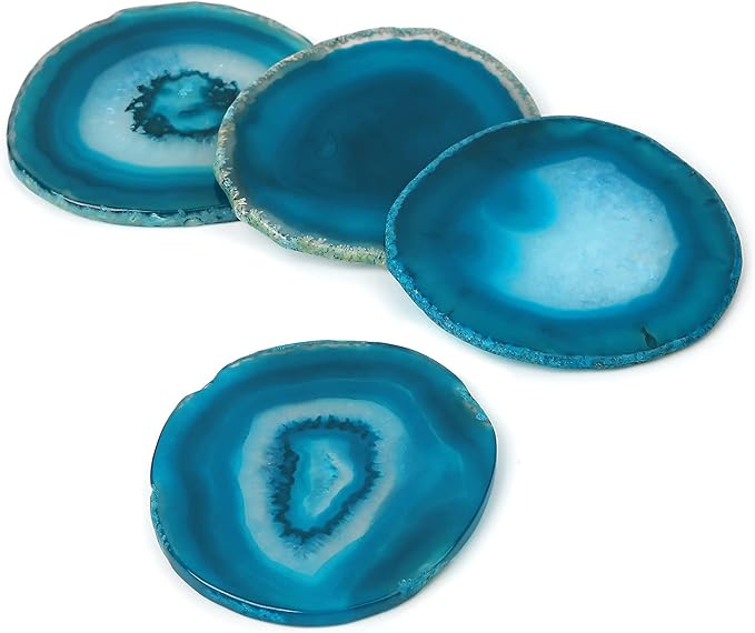 Agate Coaster Set of 4 for Drinks, Stone Coaster for Coffee Table 3.5-4" Geode Coaster Decor for Housewarming, Birthday, (Blue)