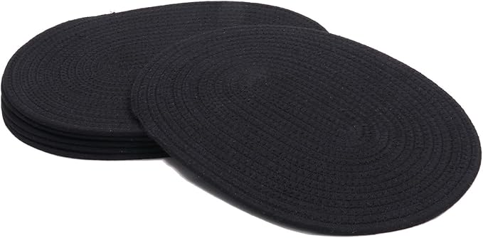 Braided Placemats Set of 4 Cotton Fabric Oval Table Mats Non Slip Washable 16 * 12 inch Oval Place Mats, 4 Pack Black Rope Woven Placemats