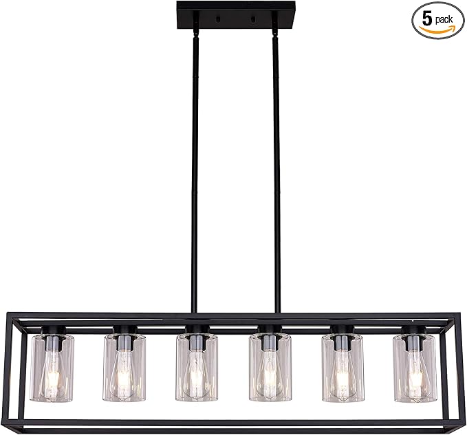 XILICON Dining Rooms Black Chandeliers,Kitchen Island Farmhouse Lighting Fixture Industrial Rustic Ceiling Hanging 6 Light Modern Pendant Light with Glass Shade