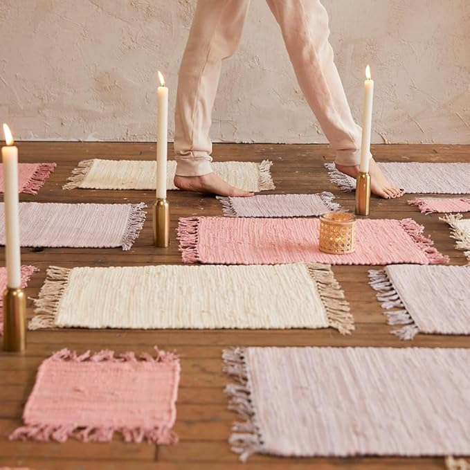 PILLOWPIA Handcrafted Chindi Placemat – 100% Cotton, Handwoven Boho Table Mat | Eco-Friendly Colorful Decor for Dining Room, Kitchen, or Coffee Table – Peony Pink Woven Accent