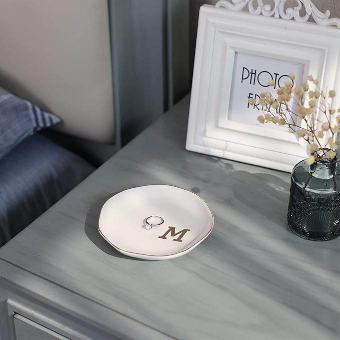 Initials Ring Dish Jewery Tray with Personalized M-Monogrammed Mother's Day Gifts Wedding Engagement for Women Friends sister,Ceramic White
