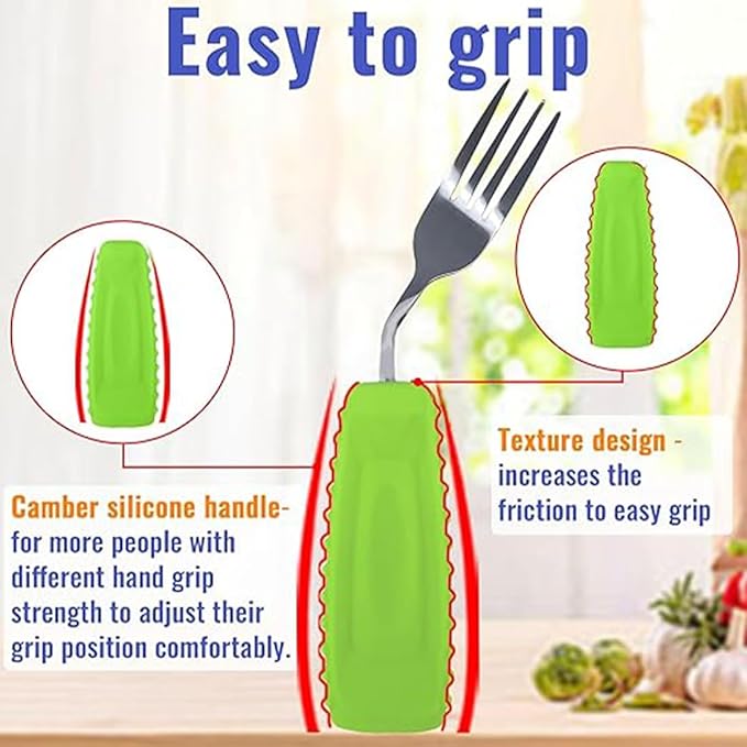 Adaptive Utensils for Hand Tremors,Arthritis and Parkinsons -Weighted Silverware with Non-Slip Handle to Easy Grip,Eating Flatware for Elderly Use (Left Hand 1 pc Fork+1 pc Spoon=2 pcs,Green)