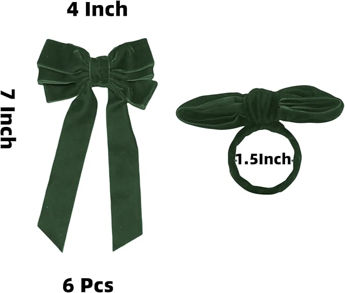 Bow Napkin Rings for Christmas, Wedding, Party, Holiday Table Decor (Dark Green, 6 pcs)