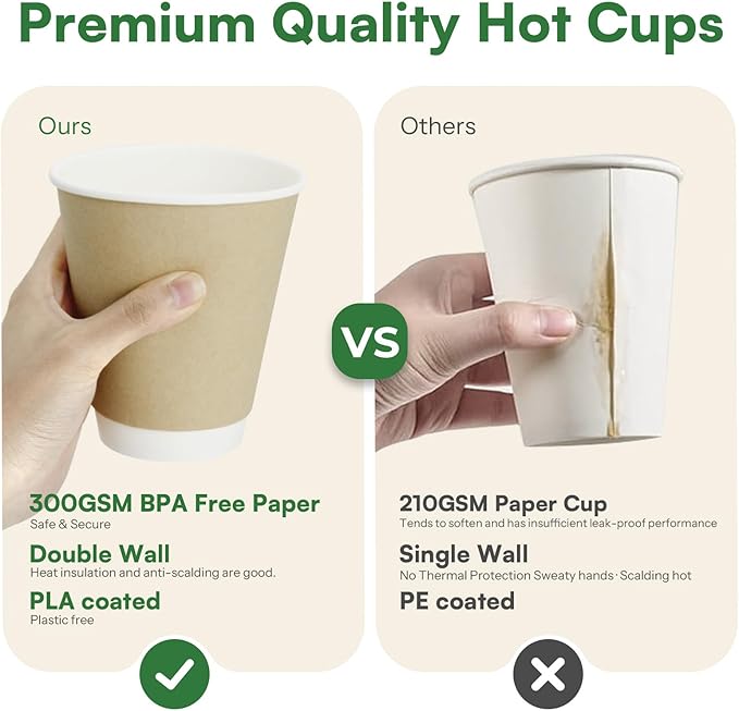 Disposable Coffee Cups 12 oz Paper Cups,50 Pack Compostable Cups Double Wall Hot Cups, BPI Certified PLA Coated Disposable Cups, Kraft Paper Coffee Cups for Everyday To-go Office Coffee Bar Supplies