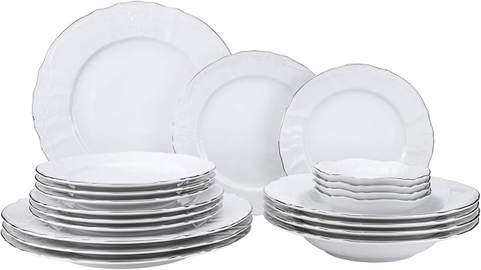 Euro Porcelain 20-pc Luxury Dinnerware Set w/Platinum Silver Ornament, HQ Dining Tableware Service for 4 (Bernadette wht.)