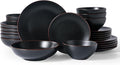 Famiware Venus Speckled Dinnerware Set with Pasta Bowls, Service for 6 (24 Pieces), Stoneware Plates and Double Bowls Sets, Microwave & Dishwasher-Safe Dishes with Trim, Matte Black