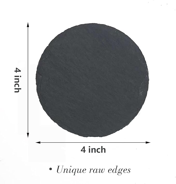 24 Pack 4 inch Slate Coasters,12 Round Pieces + 12 Square Pieces,Handmade Natural Rough Edge,with Integral Anti-Skid pad,Laser Engraving Blanks,Stone Coasters