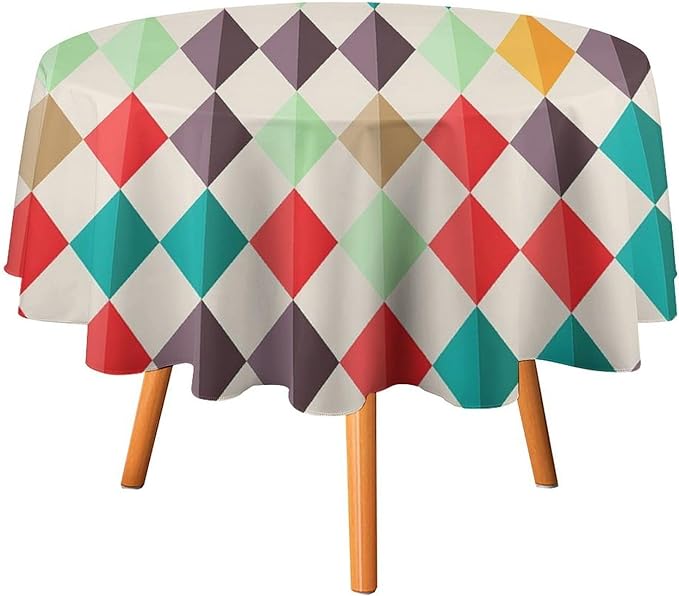 Abstract Geometric Round Tablecloth, Modern Mid Century Background Mid Century Colorful Print Pattern Tablecloth for Home Party Dining Room Kitchen Decor 70Inch(178cm)