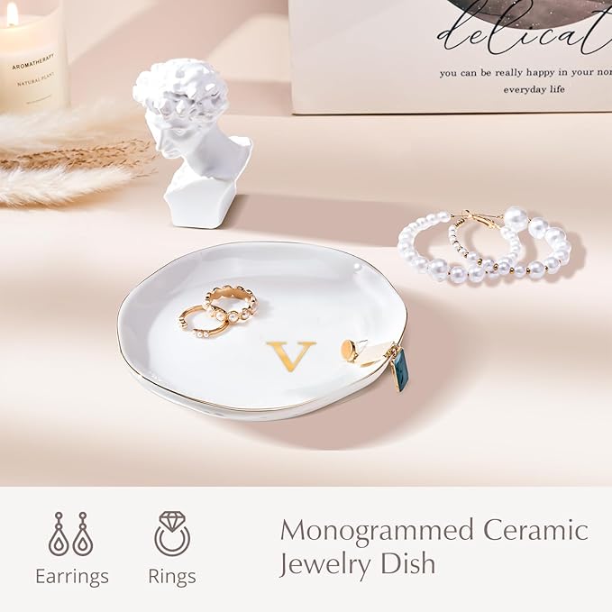 ProCase Ceramic Jewelry Tray, Initial Ring Dish Trinket Plate Engagement Gift, Small Personalized Monogram Ring Bowl for Wedding, White Decorative Jewelry Holder for Women Vanity -LetterV