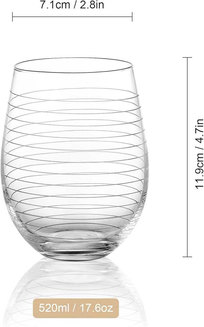 Joeyan Hand Blown Etched Stemless Wine Glasses with Strips Swirls Pattern for Red Wine,Large Carved Drinking Glass Cups Tumblers for Wedding Anniversary Party Home,Set of 2, 17.5 oz, Dishwasher Safe