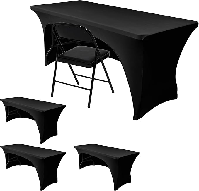 Nasitos 4 Pack 4FT Fitted Table Cloth for Rectangle Tables-Open Back Stretch Black Table Covers, Spandex Table Clothes Washable for Party, Craft Show, Wedding, Festival, Banquet, Vendor Booth