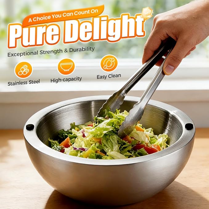 304 Stainless Steel Insulated Salad & Dipping Bowl, 2026 Double Wall Chill Serving Bowl with Ice/Hot Water, Insulated Dish Platter Keeps Salsa, Guacamole, Salad & Food (Caliber 20×9CM)