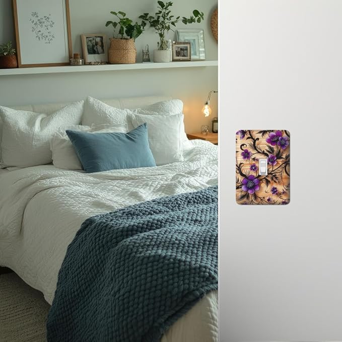 Purple Flowers on Wood Grain Patterned Metal Light Switch Plate, Switch Plate Cover, Wall Plates, UL Listed, CSA Approved