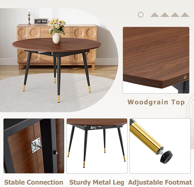 53” Round Dining Table Set for 6｜7 Piece Wood Dining Table Set｜Extendable Dining Room Table with 6 Chairs｜Walnut Wooden Tabletop with Metal Legs｜Easy Assembly｜Space Saving｜for Kitchen, Living Room