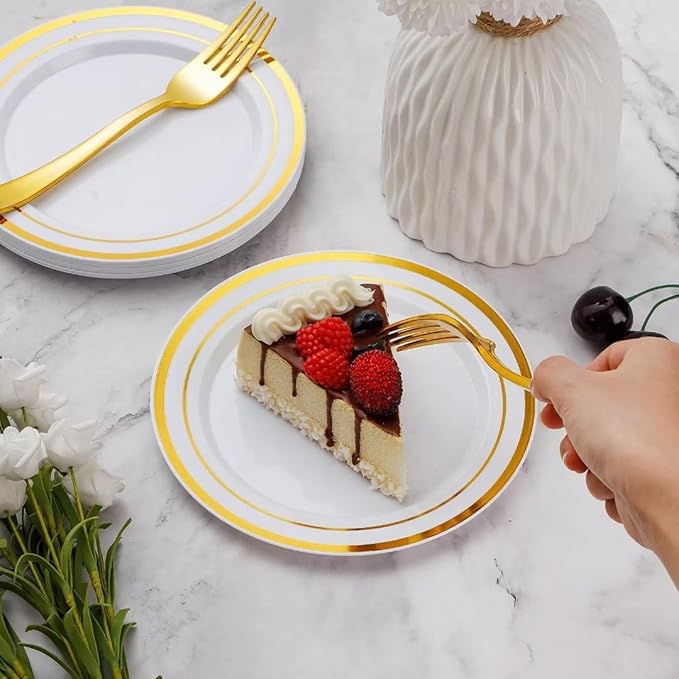 Goodluck 120PCS 7" Gold Dessert Plastic Plates with 7.4" Forks, Gold Appetizer Plates for 60 Guests, Including 60 Disposable Cake Plastic Plates and 60 Forks for Wedding/Birthday/Christmas Party