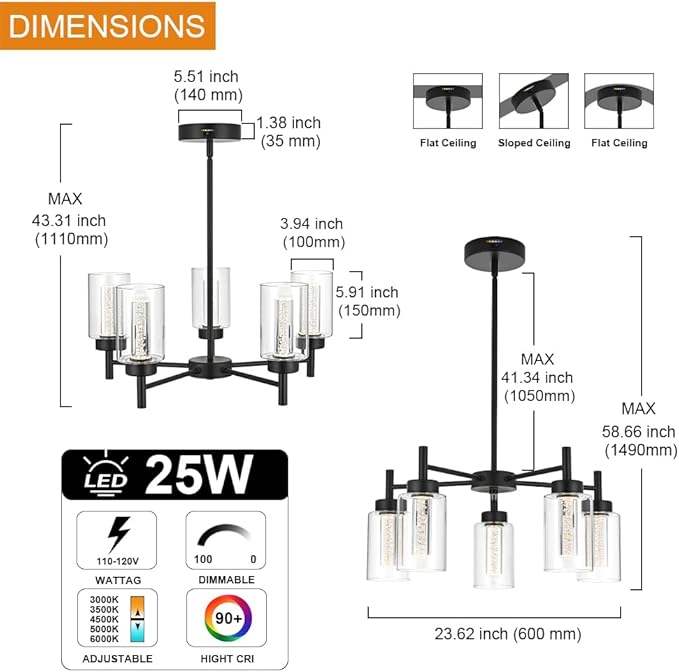 VINLUZ 5 Light LED Modern Pendant Lights, Classic Black Chandelier with Crystal Bubble Clear Glass Shade Indoor Kitchen Island Lights Fixtures for Dining Room Cafe Bar