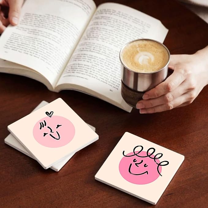 MAYCARI Cartoon Colorful Face Coasters Set of 6 Cork Backed Cute Coasters with Metal Holder Original Ceramic Surface Drink Cup Mats for Tabletop Protection Modern Desk Decoration Birthday Gifts