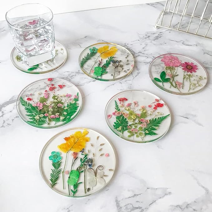Floral Coasters for Drinks: Handmade Resin Coasters Tabletop Protection Cup Mat Round Coaster Set with Real Flower for Women Coffee Table Home Decor （Set of 6）