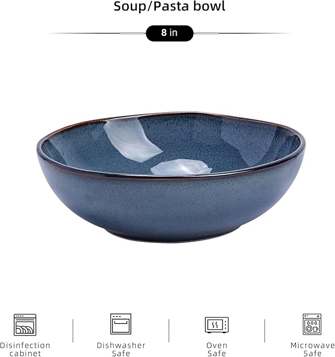 Organic Shape Highland Ceramic Soup/pasta Bowl, 6pcs Reactive Glaze 8inch Bowls with Wavy Edge, for Kitchen, Microwave & Dishwasher Safe, Scratch Resistant-Blue