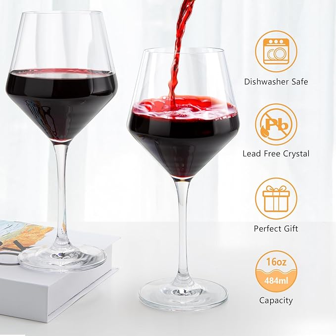 Red Wine Glasses Set of 4, Long Stem Crystal Wine Glasses, Burgundy Wine Glasses in Gift Box, Large Wine Glasses With Stem for Any Occasions-16 oz