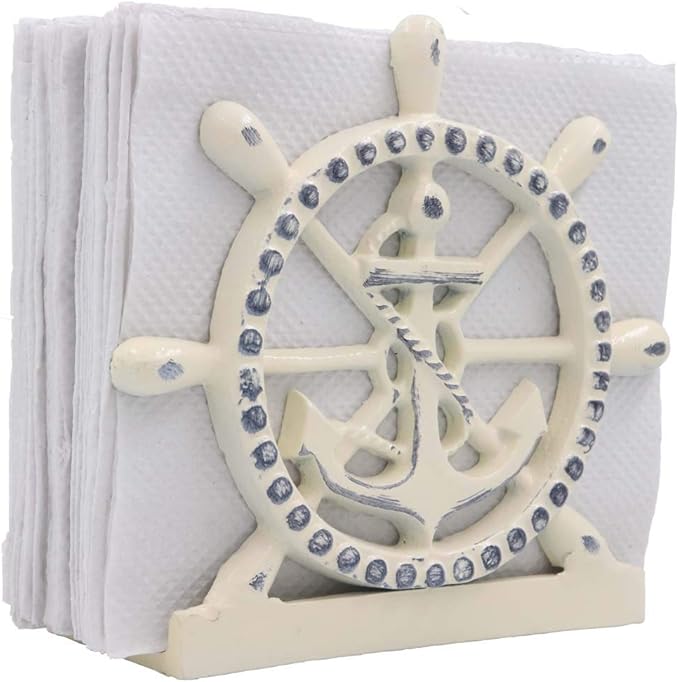 THDC Nautical Napkin Holder, Lunch, Dinner, Nautical Collection Napkin Holder, Made of Metal (Anchor Distressed Ivory)