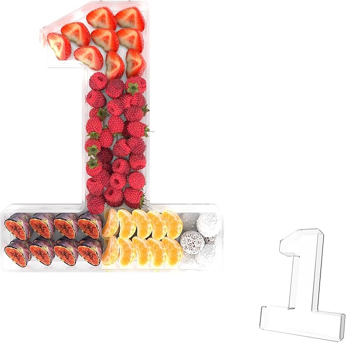 13.8" Acrylic Number Charcuterie Tray, Fillable Number Charcuterie Box for Food, Reusable Serving Cake Candy Dish Display Tray for Birthday Anniversary Party Decoration (Square Number 1)