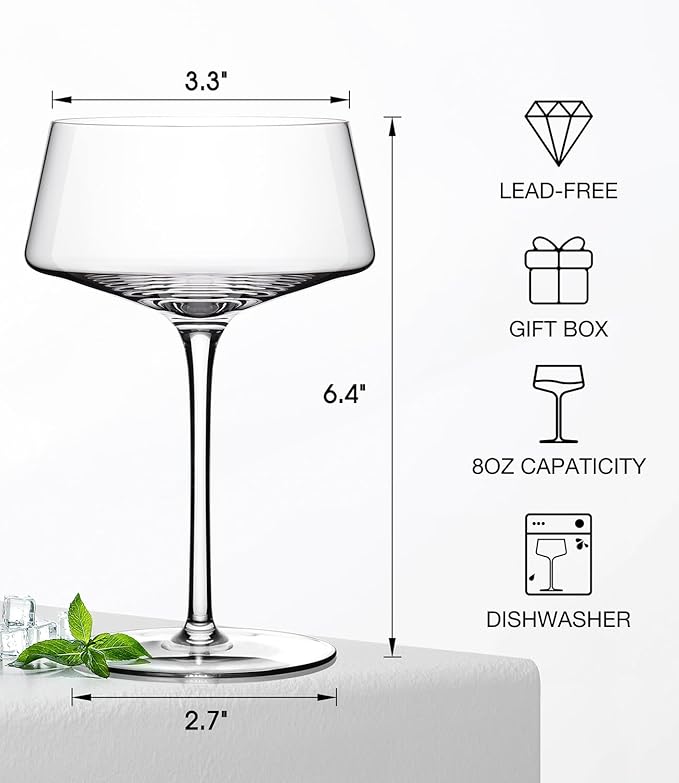 Coupe Glasses Set of 6, Martini Glasses Hand Blown Premium Crystal Cocktail Glassware for Manhattan, Margarita, Espresso Martini, Home Bar, Dinner Party, Birthdays, Housewarming Gift,8oz Clear