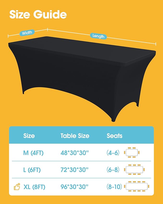 4-Pack Black Spandex Tablecloths – 96"x30"x30" Stretch Fitted Table Covers for 8ft Rectangle Folding Tables, Wrinkle-Resistant Tablecloth for Wedding, Banquet & Outdoor Events