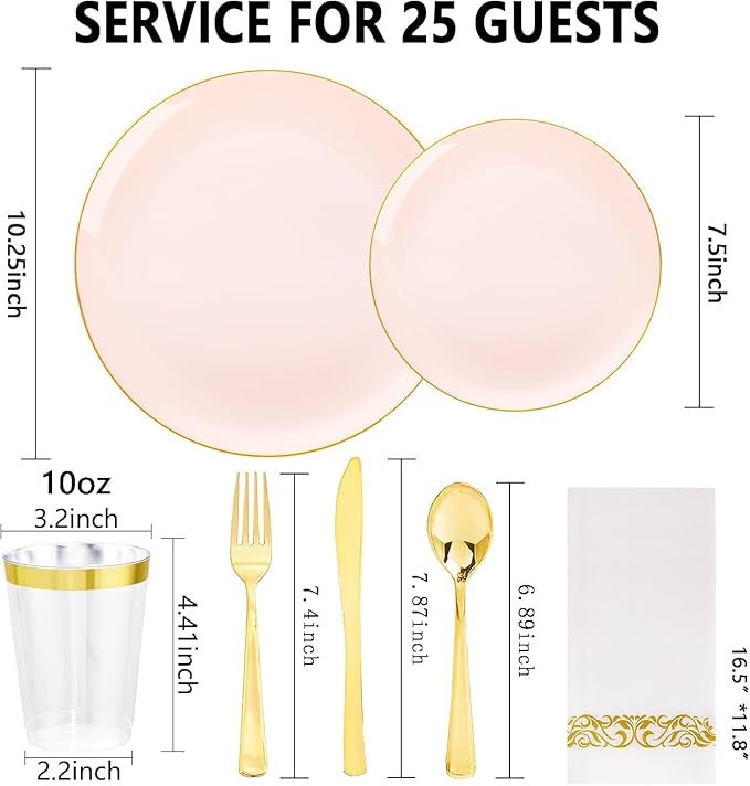 YOUBET 175PCS Pink Plastic Plates - Pink and Gold Disposable Plates Include 50 Plastic Plate, 75 Silverware, 25 Cups, 25 Napkins for Wedding & Party & Birthday Valentines Day