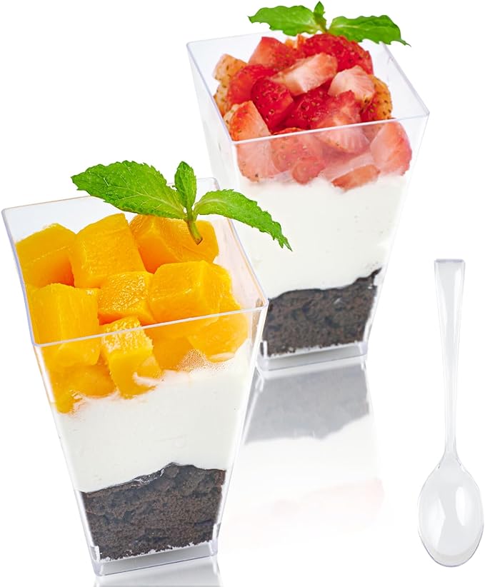 JOLLY CHEF 100 Pack 3 oz Square Mini Dessert Cups with Spoons, Clear Plastic Parfait Appetizer Cup, Small Plastic Dessert Serving Bowl for Tasting Party
