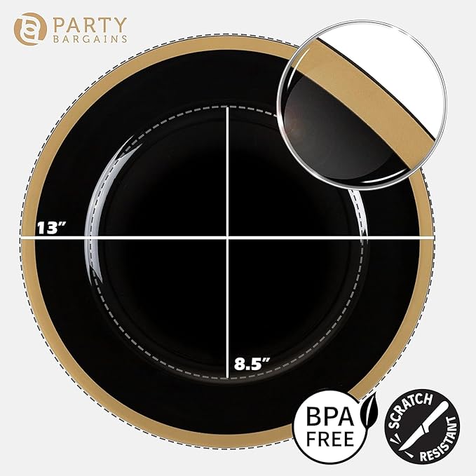PARTY BARGAINS 13-Inch Charger Plates - 4 Pack, Black Gold Rim, Heavy-Duty Disposable Chargers for Elegant Dining - Ideal for Weddings and Formal Events